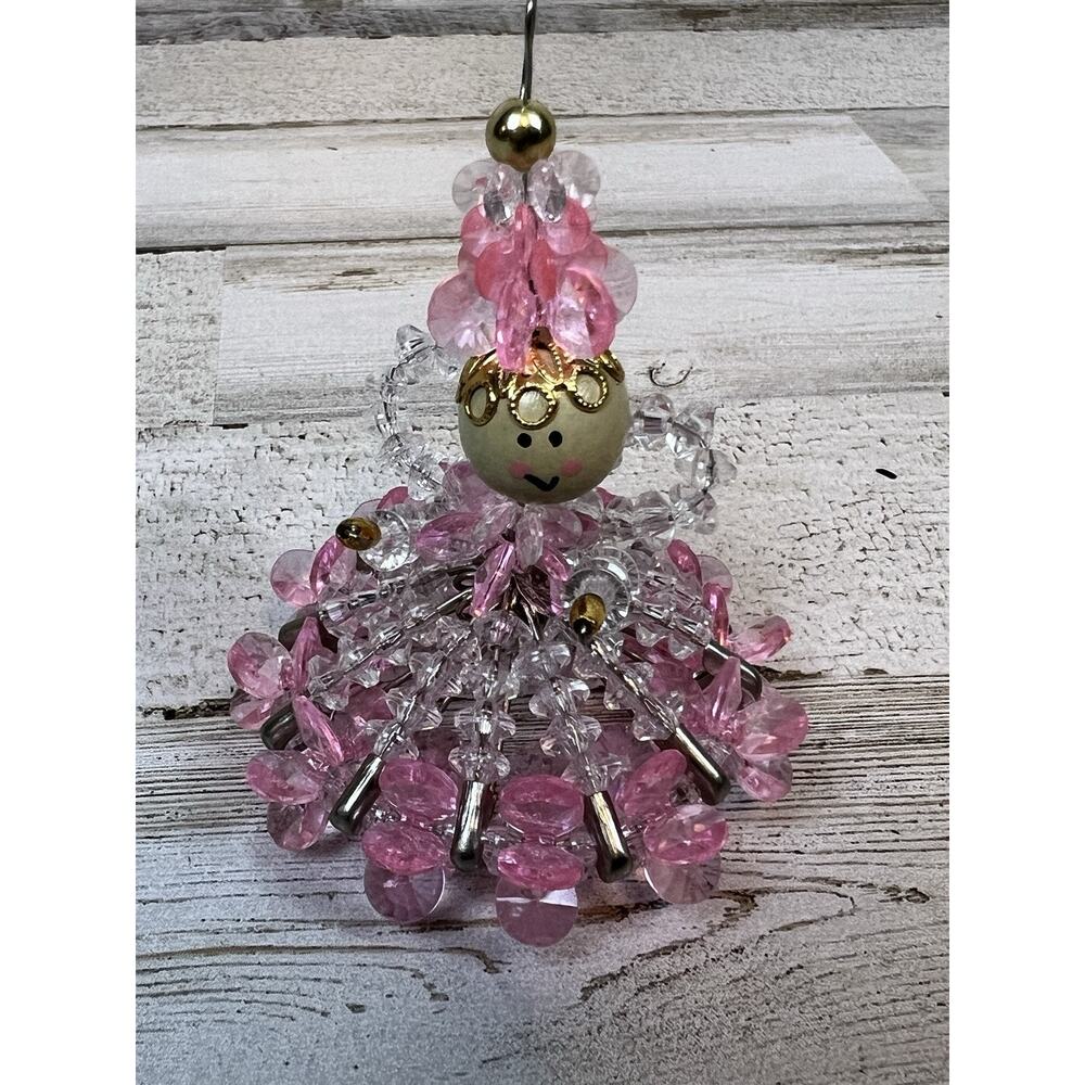 Vintage Handmade Safety Pin And Bead Angel Christmas Ornament Folk Art